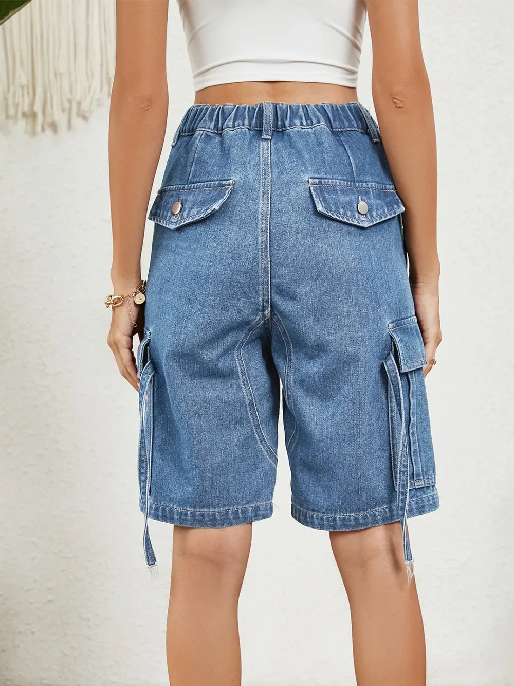 Buttoned Elastic Waist Denim Shorts with Pockets - Makw Official Site