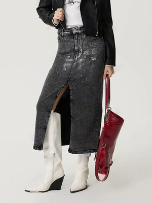 Slit Midi Denim Skirt with Pockets - Makw Official Site
