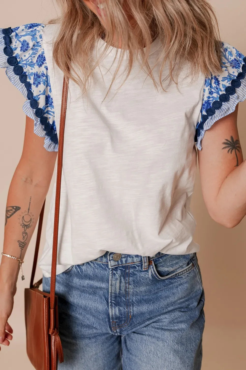 Round Neck Printed Ruffled Cap Sleeve Blouse - Makw Official Site