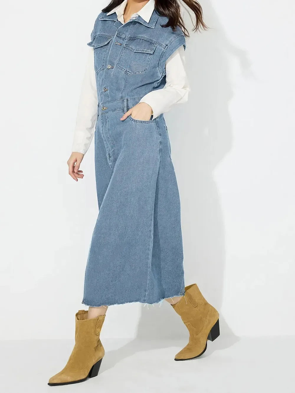 Slit Half Button Collared Neck Cap Sleeve Denim Dress - Makw Official Site