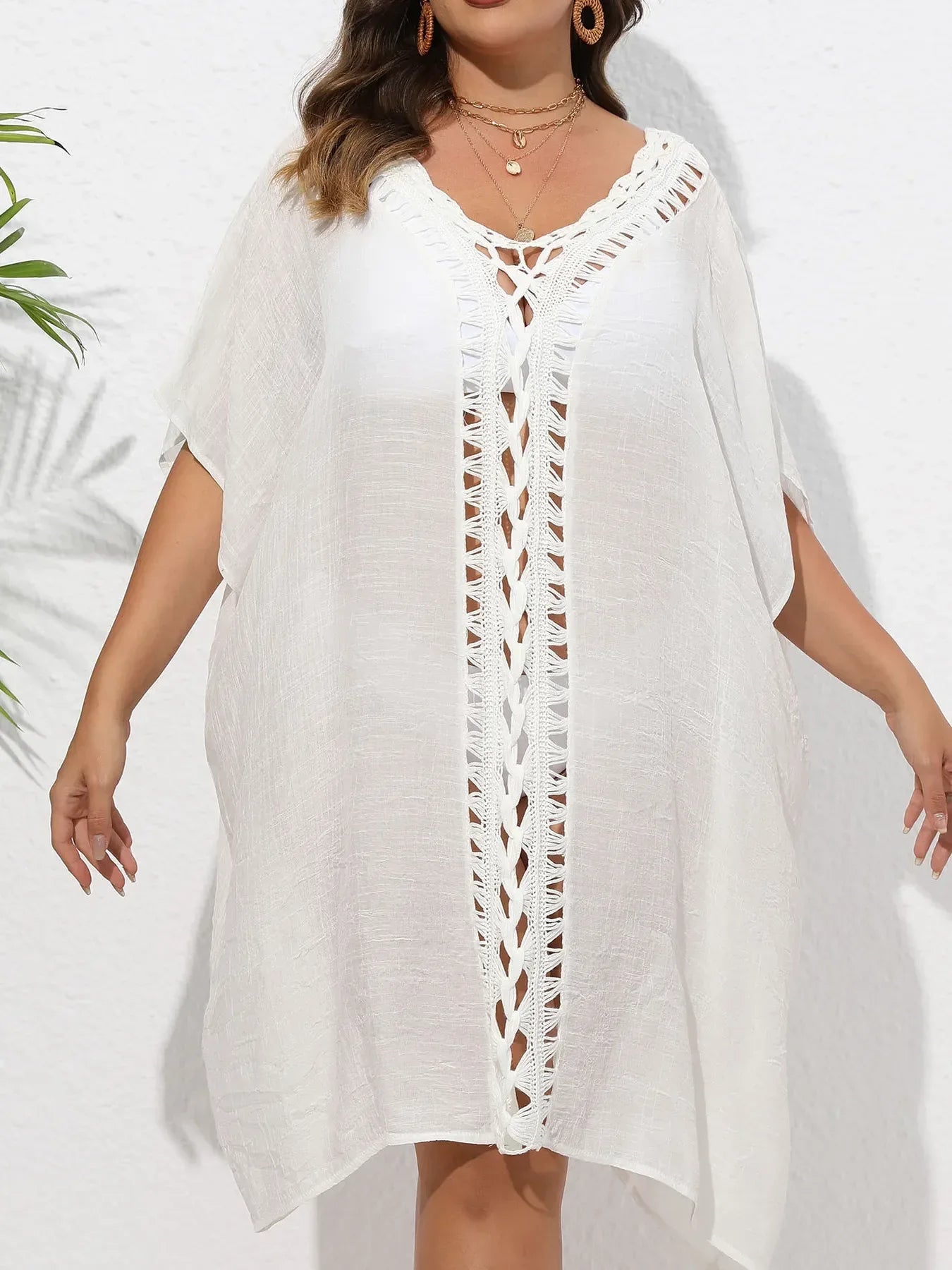 Crochet Trim V-Neck Beach Cover Up Dress - Makw Official Site