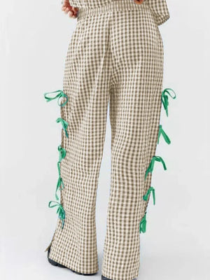 Side Tied Plaid Pants - Makw Official Site