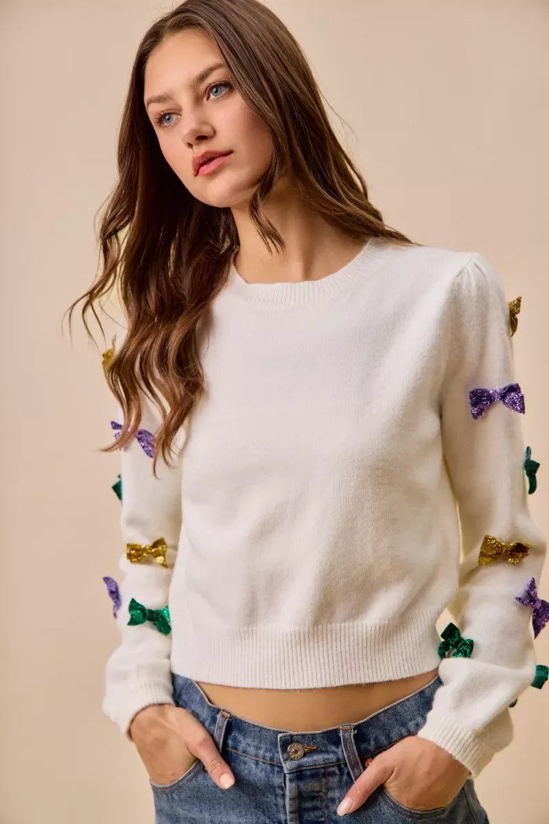 SO ME Mardi Gras Glitter Bow Ribbon Sweater Knit Top - Makw Official Site