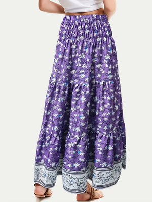 Full Size Tiered Printed Elastic Waist Skirt - Makw Official Site