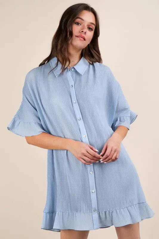 VERY J Pleated Detail Button Down Mini Dress - Makw Official Site