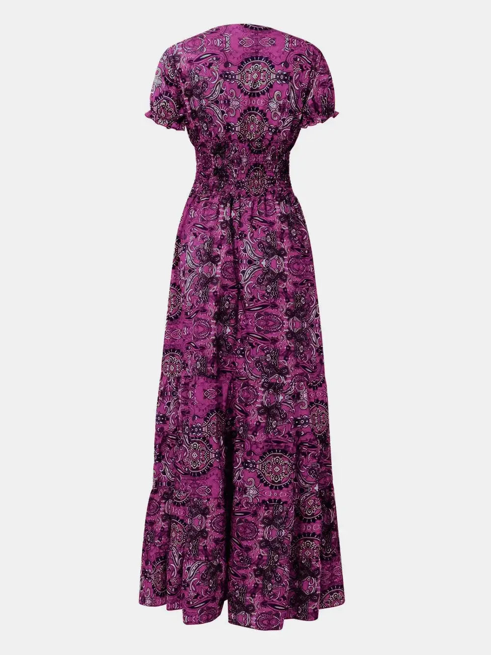 Full Size Smocked Printed V-Neck Short Sleeve Dress - Makw Official Site