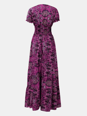 Full Size Smocked Printed V-Neck Short Sleeve Dress - Makw Official Site