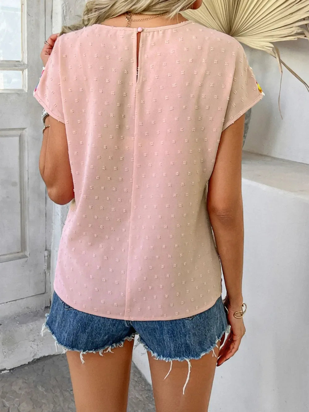 Devine Swiss Dot Round Neck Crochet Short Sleeve Top - Makw Official Site