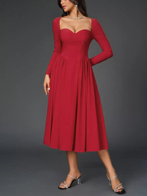 Sweetheart Neckline Long Sleeve A-Line Midi Dress - Makw Official Site