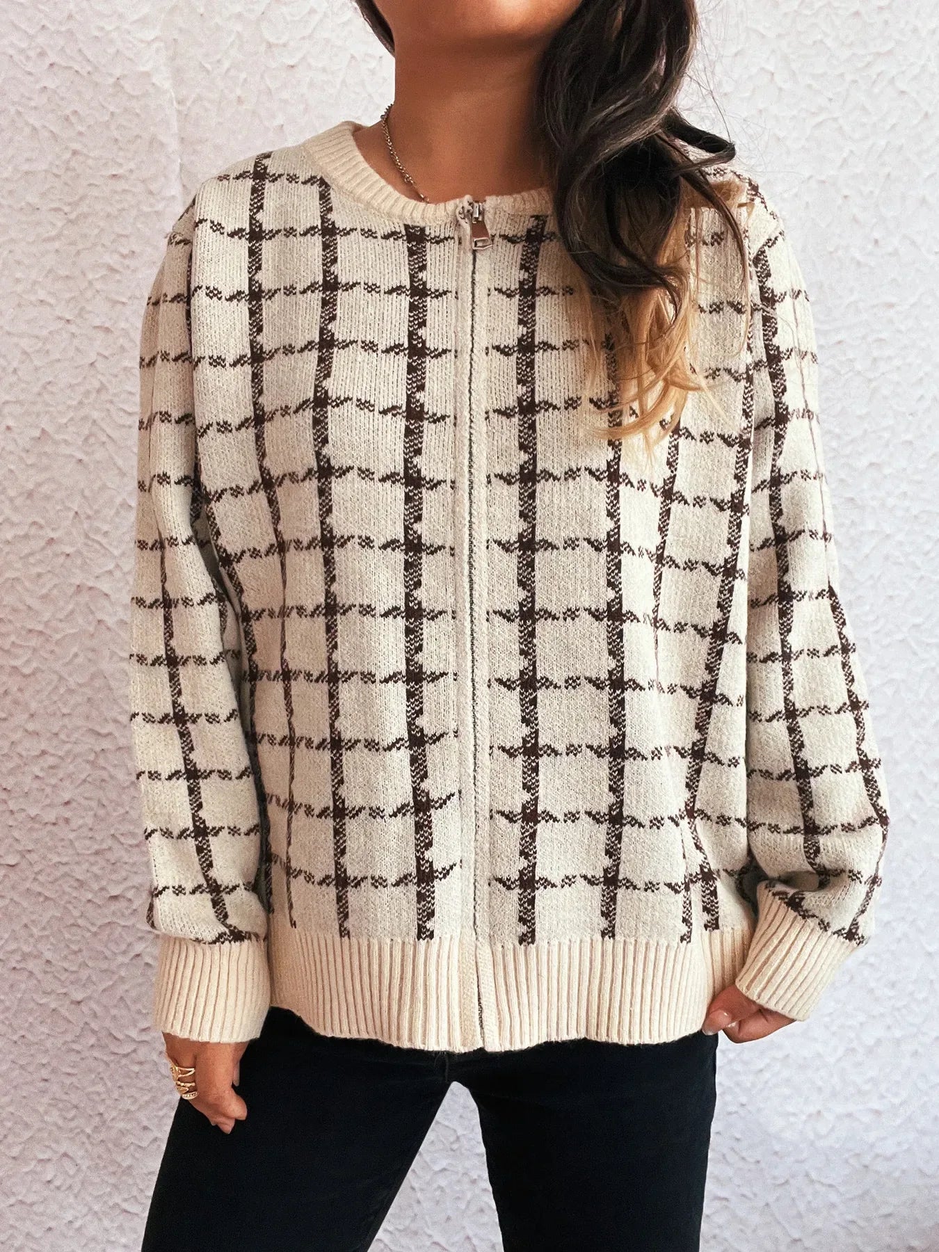 Plaid Pattern Zip Up Cardigan - Makw Official Site