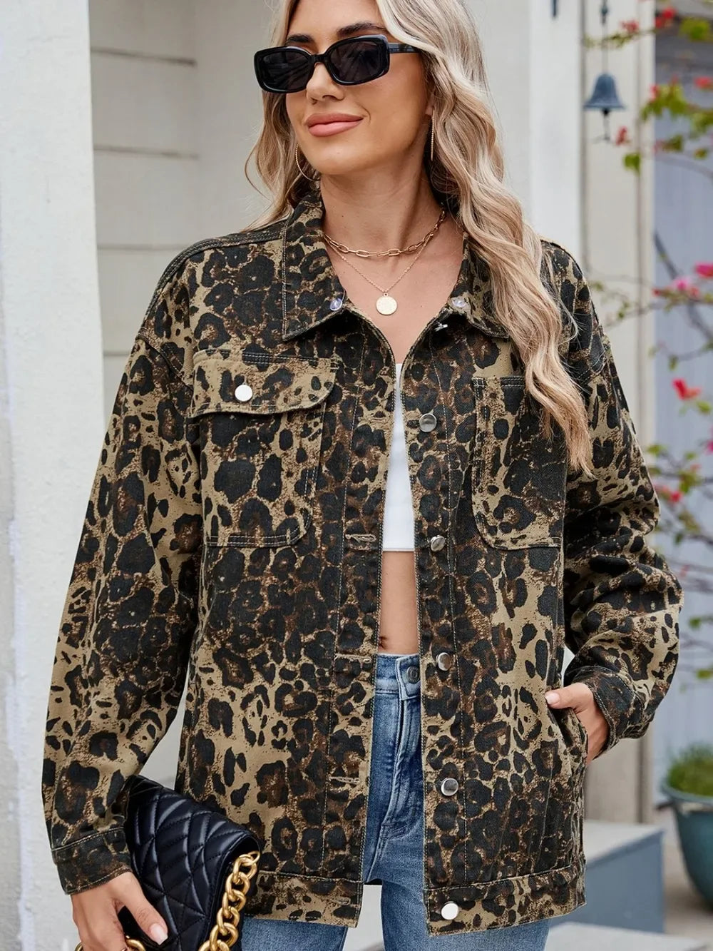 Pocketed Leopard Long Sleeve Denim Jacket - Makw Official Site