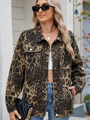 Pocketed Leopard Long Sleeve Denim Jacket - Makw Official Site