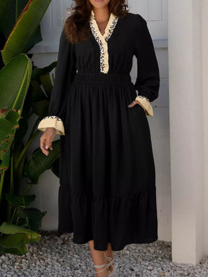 Contrast Leopard Frilled Trim V Neck Bracelet Sleeve Midi Dress - Makw Official Site