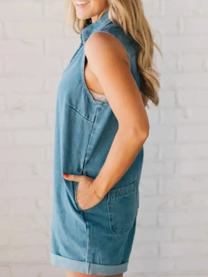 Zip Front Sleeveless Denim Romper - Makw Official Site