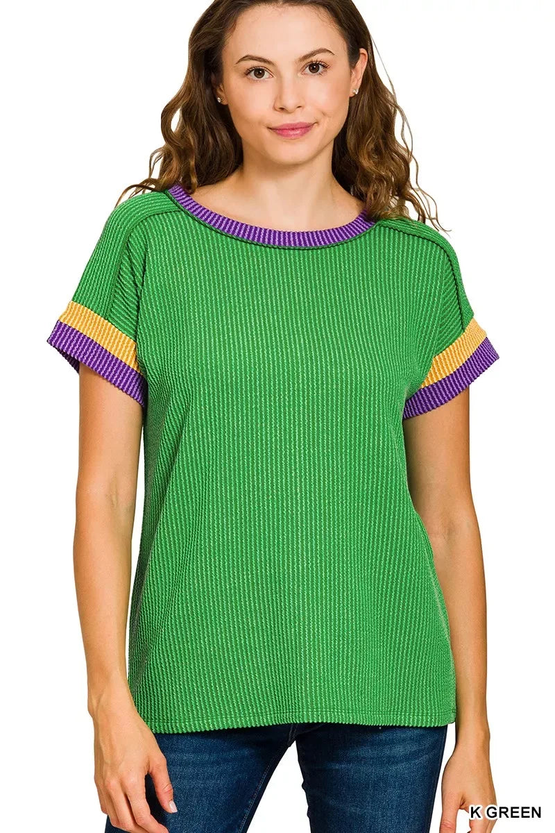 Zenana Mardi Gras Raised Rib Contrast Trim Top - Makw Official Site