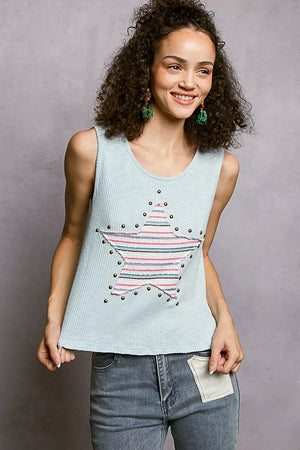 POL Round Neck Stud Point Ribbed Tank with Stripped Star Patch - Makw Official Site