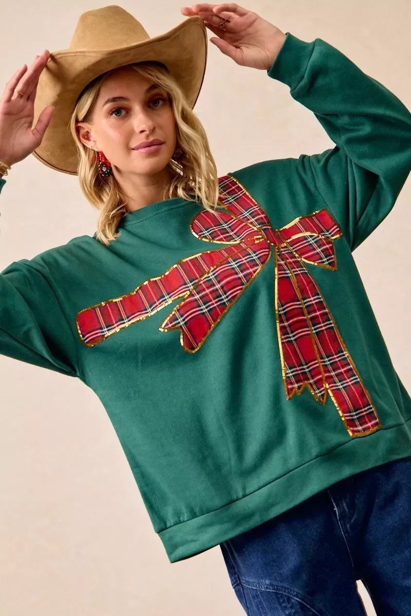 BiBi Plaid Ribbon Bow Detail Christmas Fleece Pullover - Makw Official Site