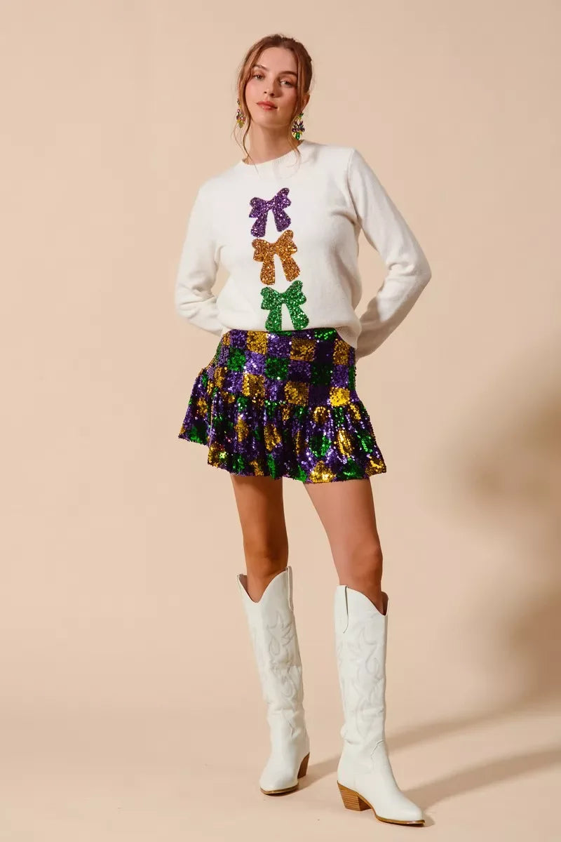 SO ME Mardi Gras Checker Sequins Mini Skirt - Makw Official Site