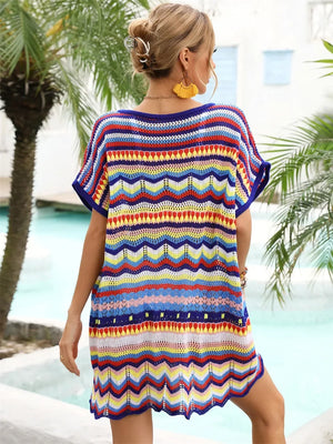 Angel Wings Rainbow Stripe Scalloped V-Neck Cover-Up Dress - Makw Official Site