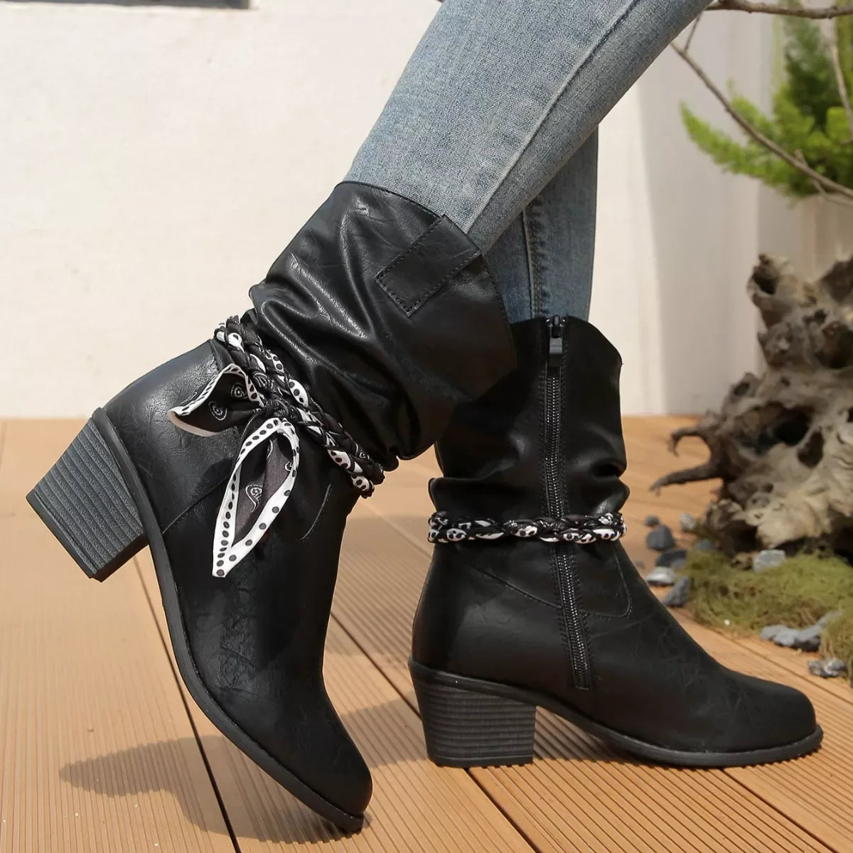 Braided Detail Western Boots with Block Heels - Makw Official Site