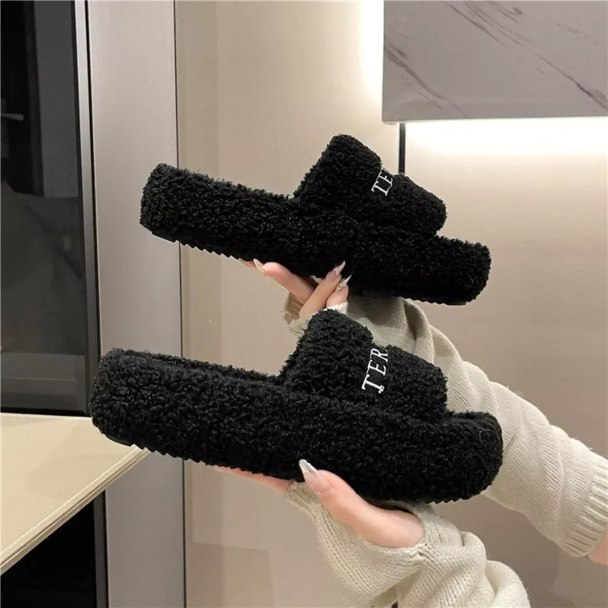 Fuzzy Plush Open Toe Slippers - Makw Official Site