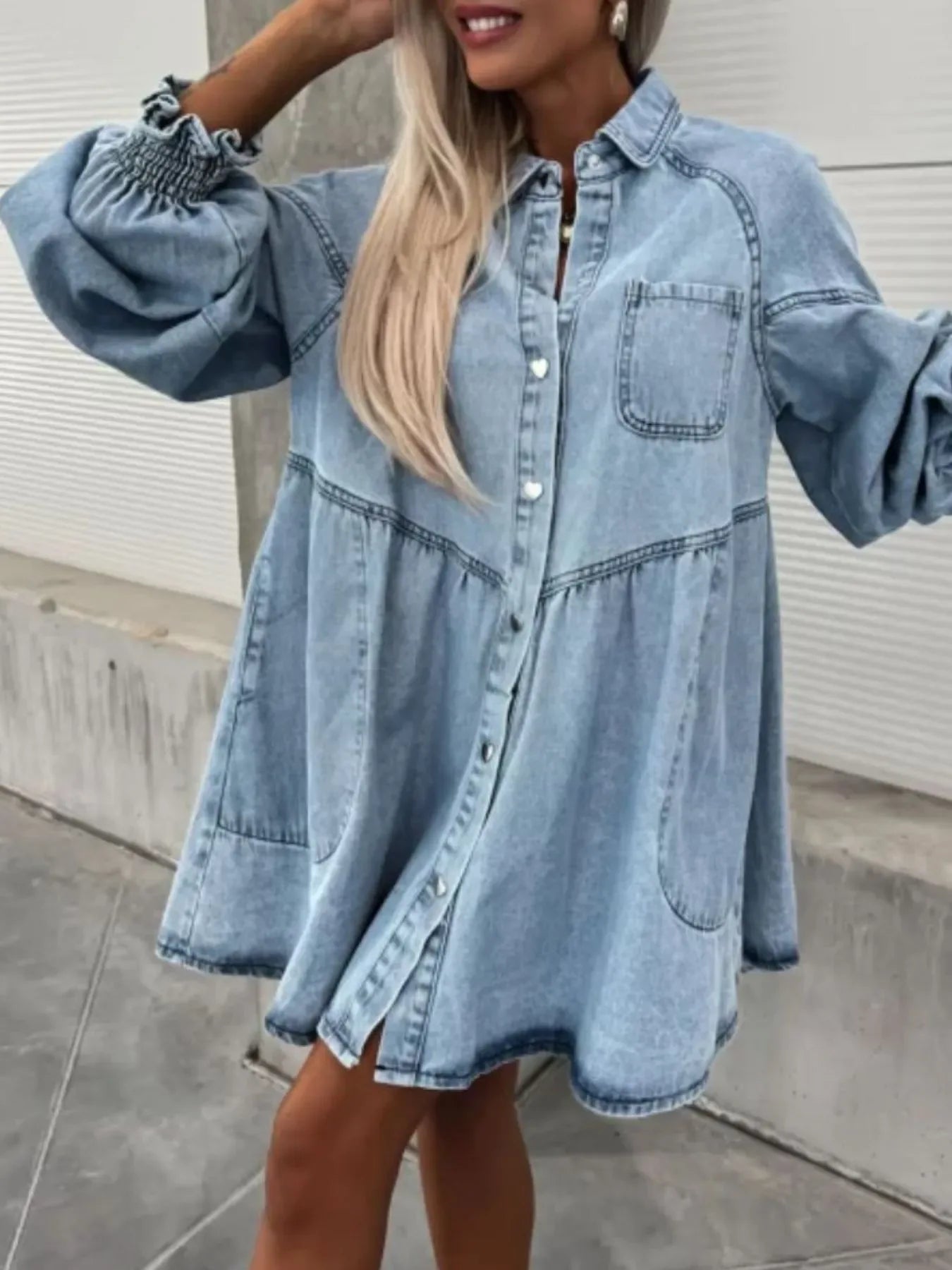 Oversized Long Sleeve Button-Up Denim Dress - Makw Official Site