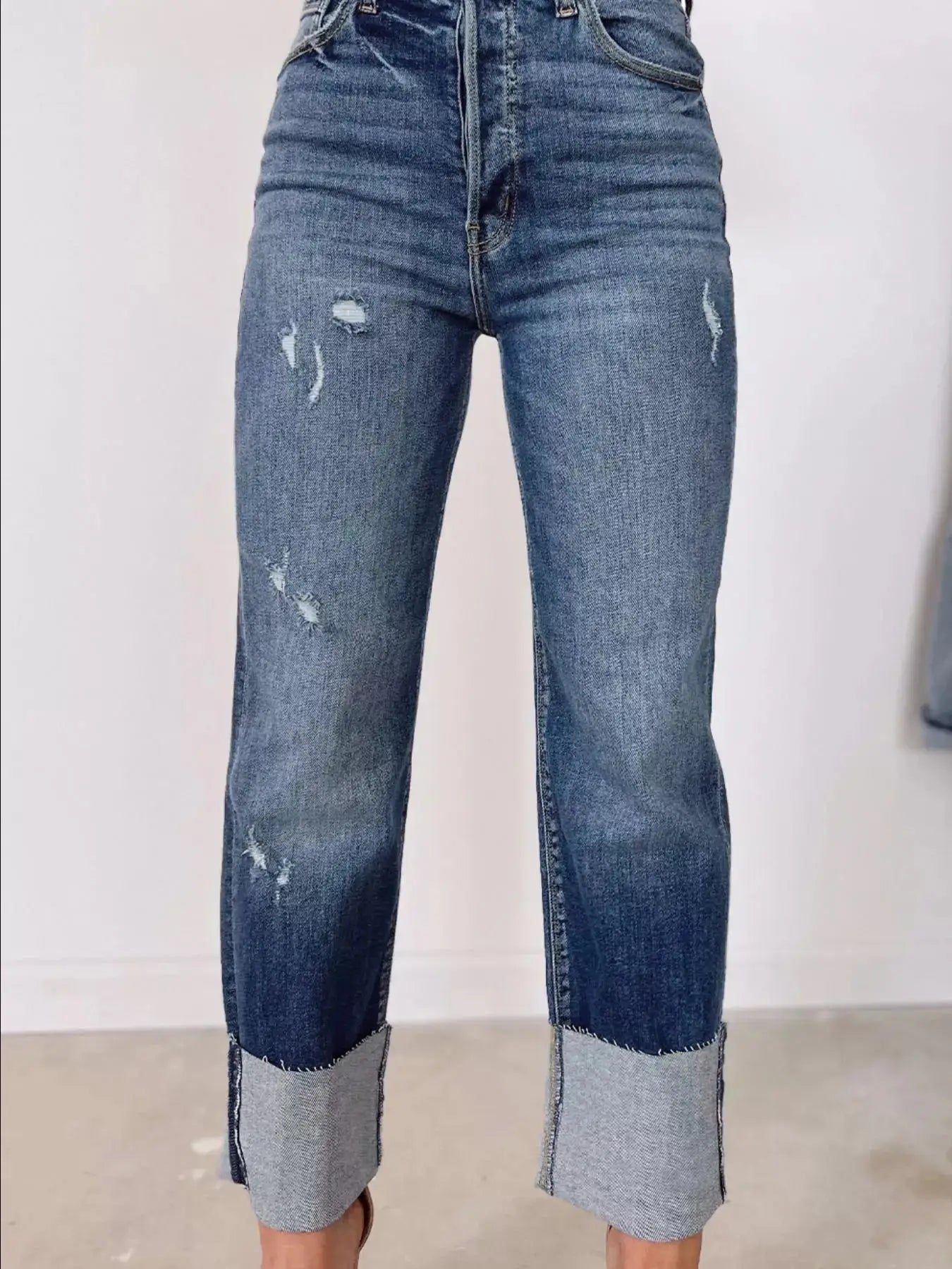 High Waist Distressed Straight Leg Jeans - Makw Official Site