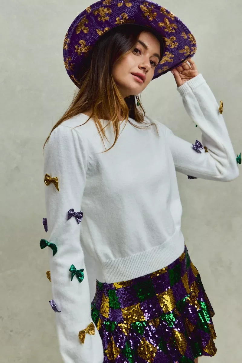 SO ME Mardi Gras Glitter Bow Ribbon Sweater Knit Top - Makw Official Site