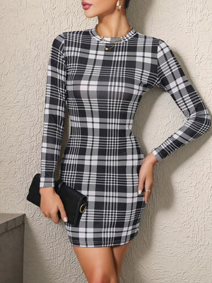 Long Sleeve Plaid Bodycon Mini Dress - Makw Official Site
