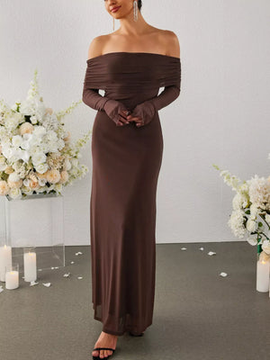 Off-Shoulder Ruched Long Sleeve Maxi Dress - Makw Official Site