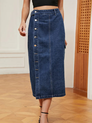 Button Down Midi Denim Skirt - Makw Official Site