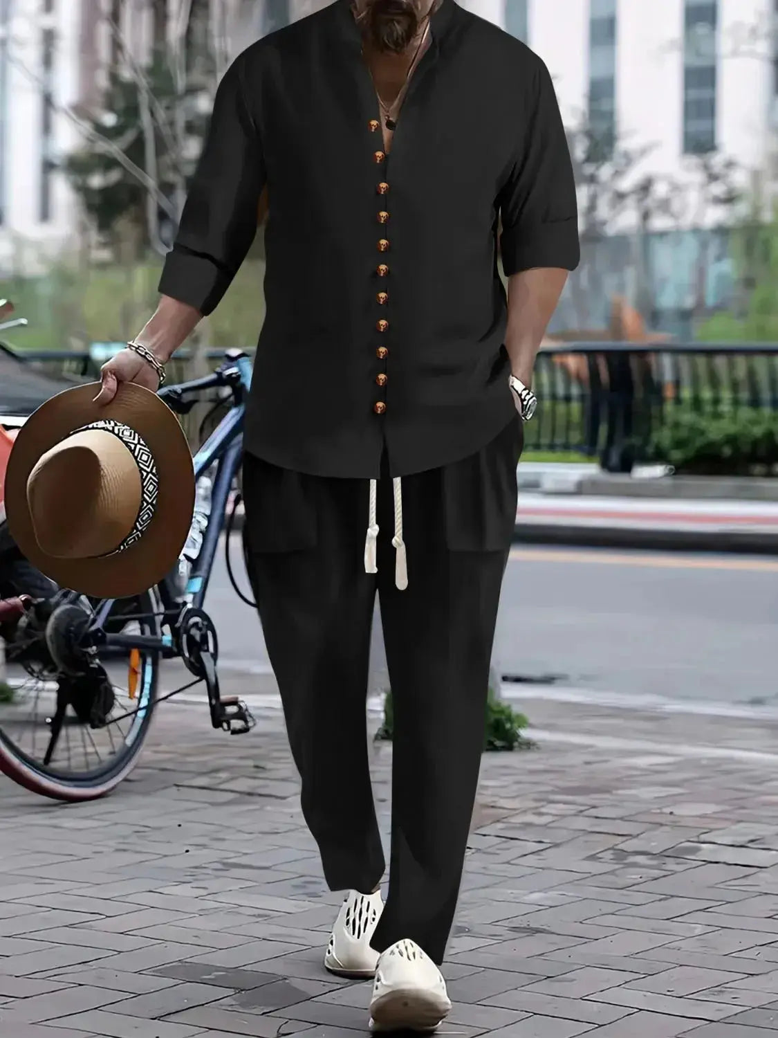 Men's Button Front Long Sleeve Shirt and Pants Set - Makw Official Site