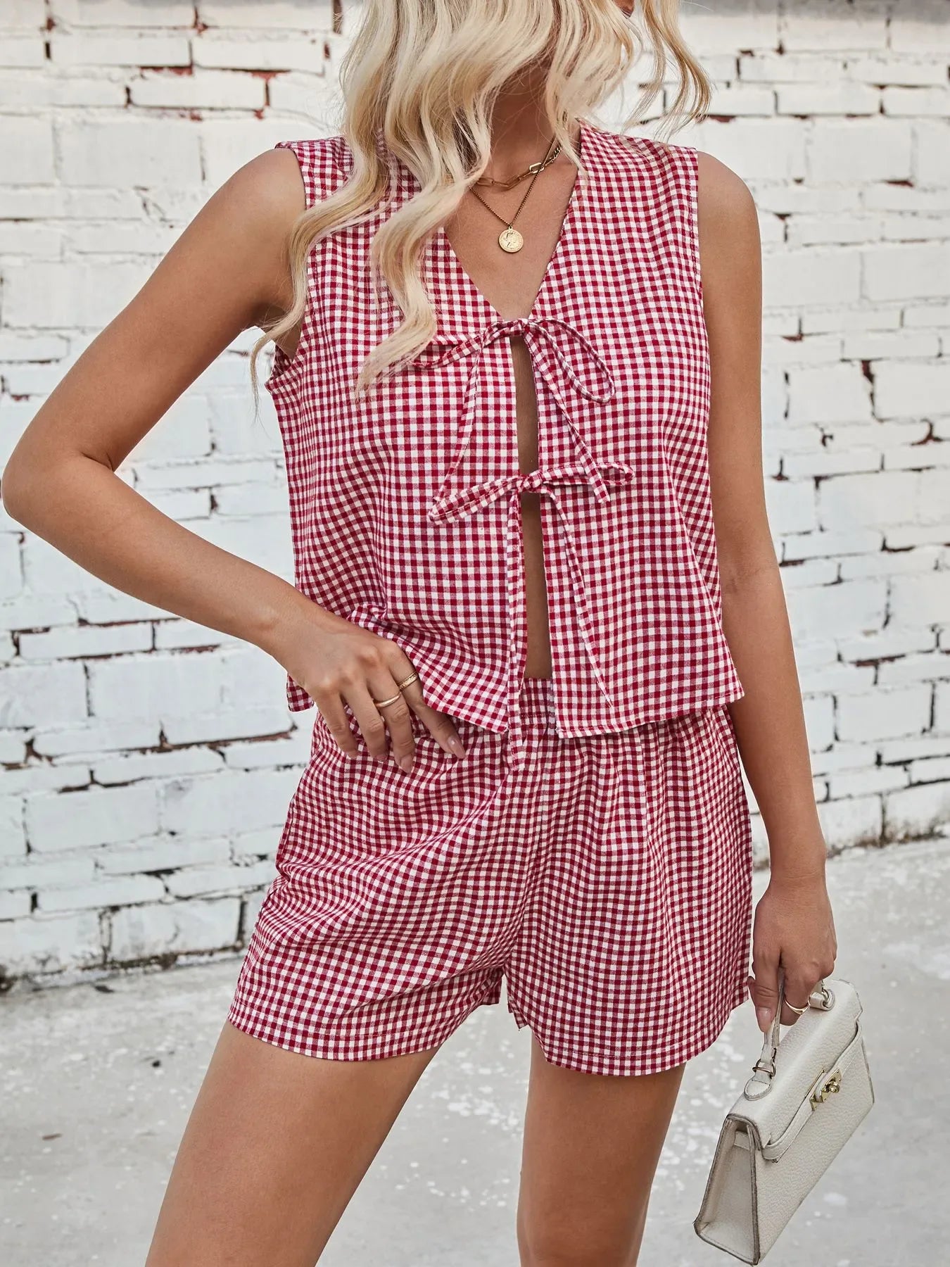 Gingham Print Tie Front Top and Shorts Set - Makw Official Site
