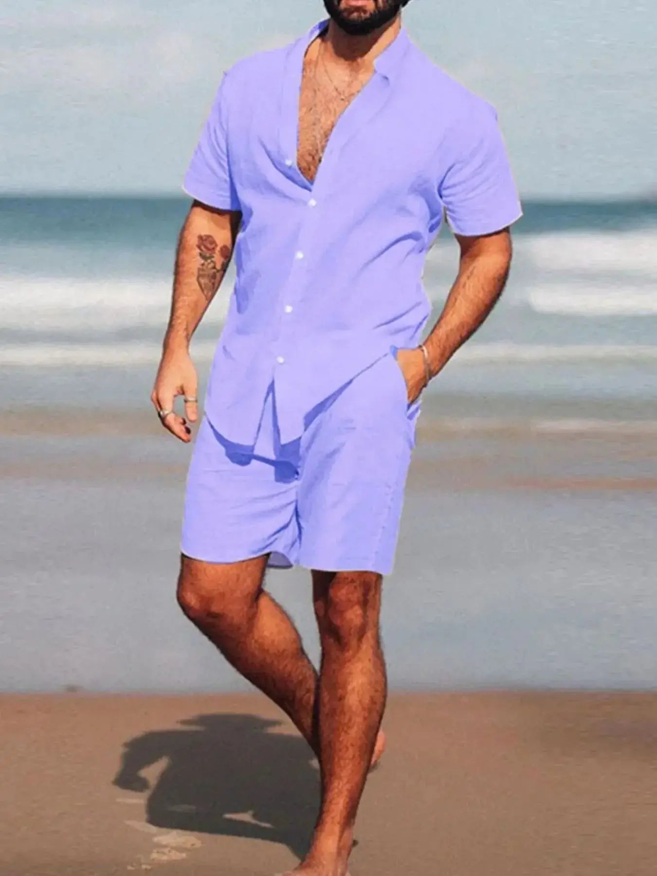 Men's Full Size Short Sleeve Shirt and Shorts Set Plus Size - Makw Official Site