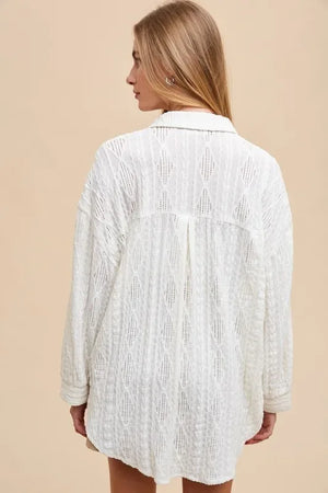 Annie Wear Openwork Button Down Drop Shoulder Shirt - Makw Official Site