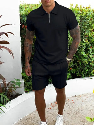 Men's Full Size Collared Neck Short Sleeve Top and Shorts Set Plus Size - Makw Official Site