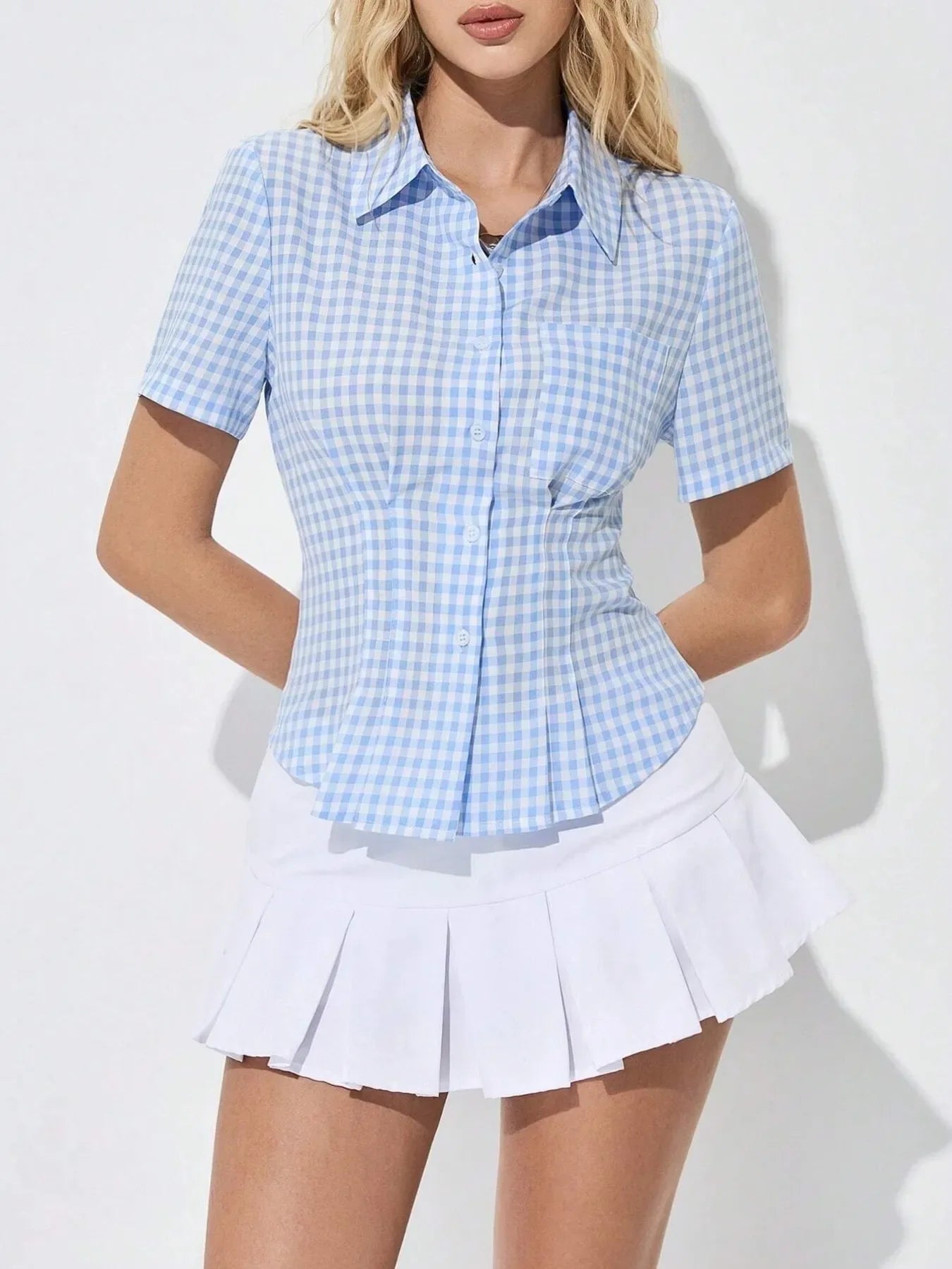 Gingham Short Sleeve Button-Up Shirt - Makw Official Site