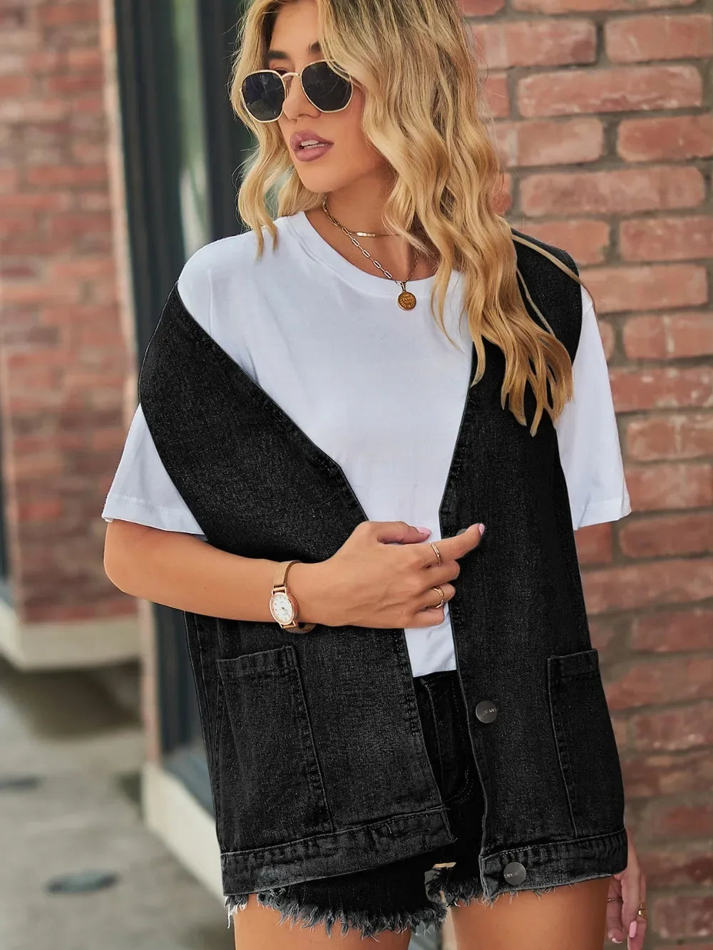 Full Size V-Neck Button Up Denim Vest - Makw Official Site