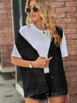 Full Size V-Neck Button Up Denim Vest - Makw Official Site