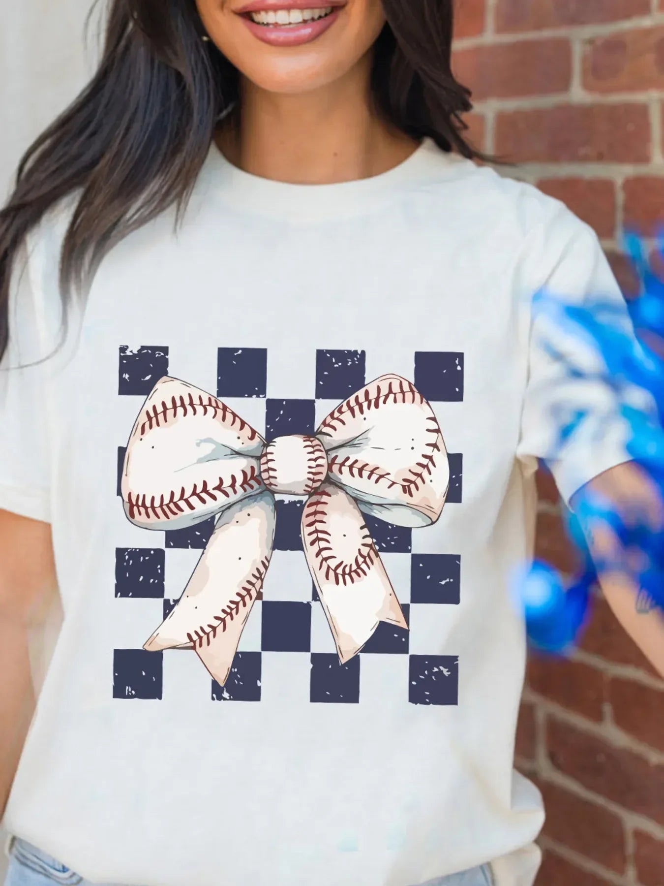 Checkered Bowknot Graphic Crew Neck T Shirt - Makw Official Site