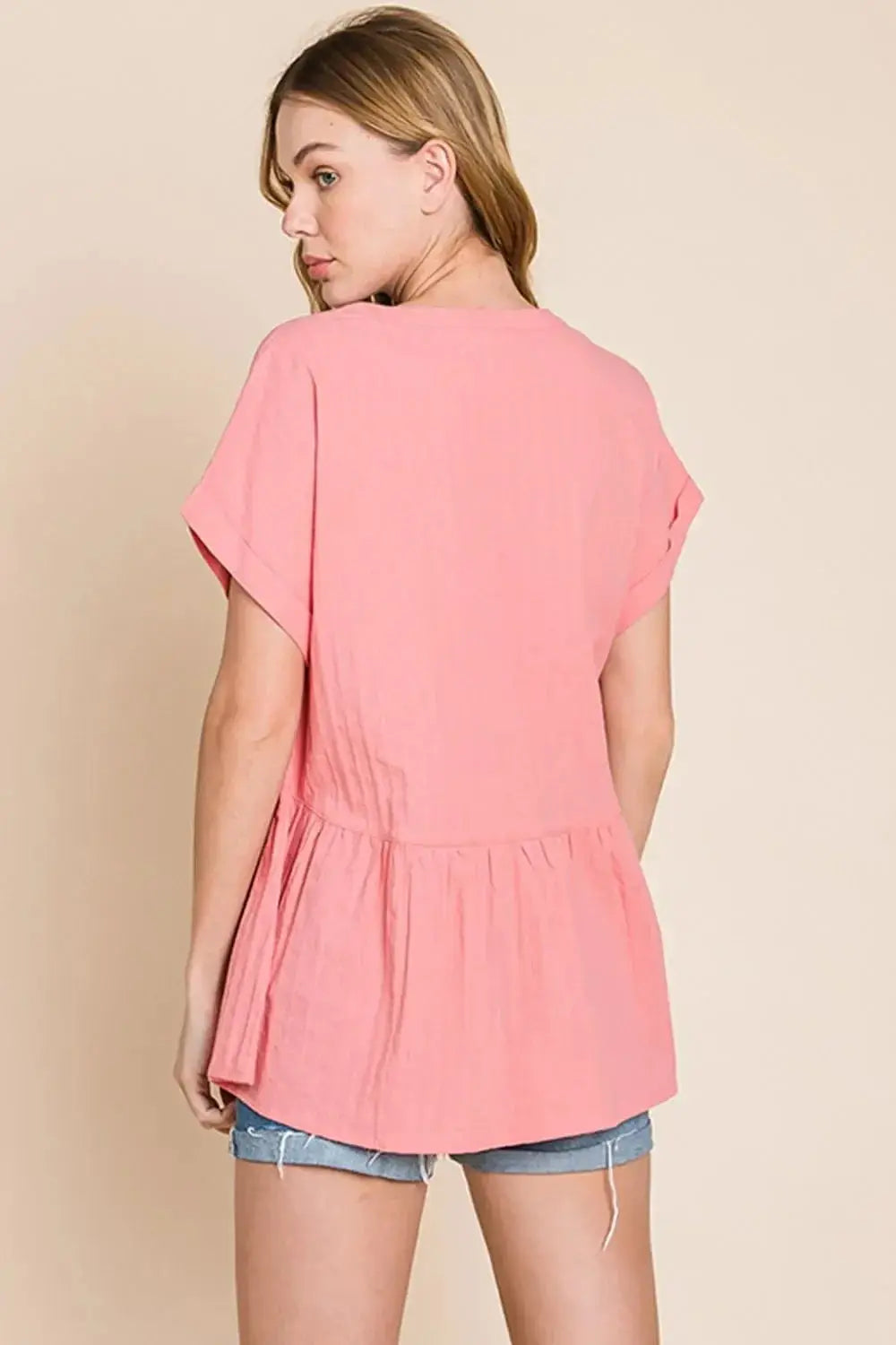 Cotton Bleu by Nu Label Notched Short Sleeve Peplum Top - Makw Official Site