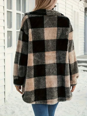 Button Down Collared Neck Plaid Teddy Coat with Pockets - Makw Official Site