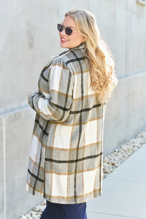 Double Take Full Size Plaid Button Up Lapel Collar Coat - Makw Official Site