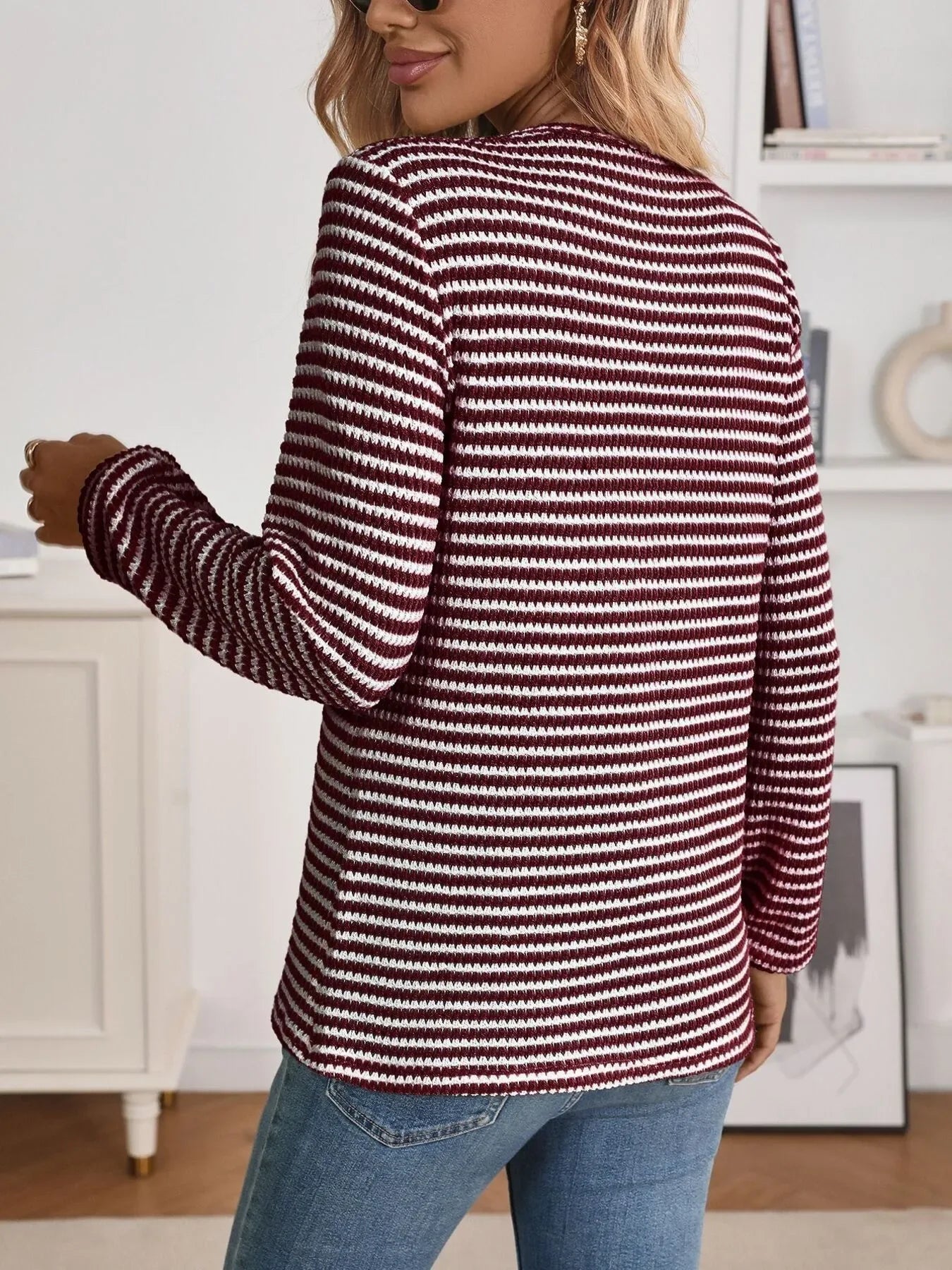 Striped Button Detail Long Sleeve Top - Makw Official Site