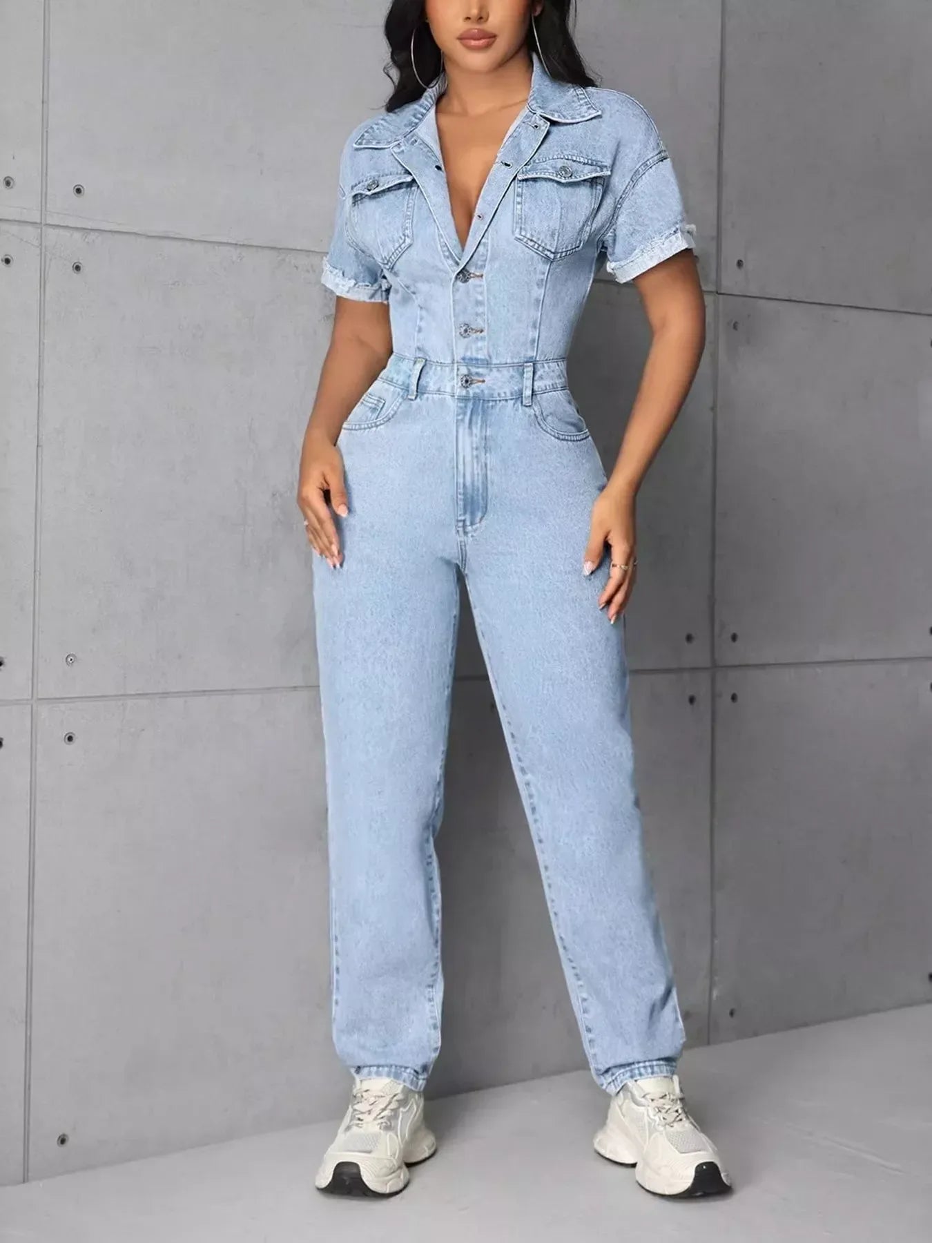 Button Front Short Sleeve Denim Jumpsuit - Makw Official Site