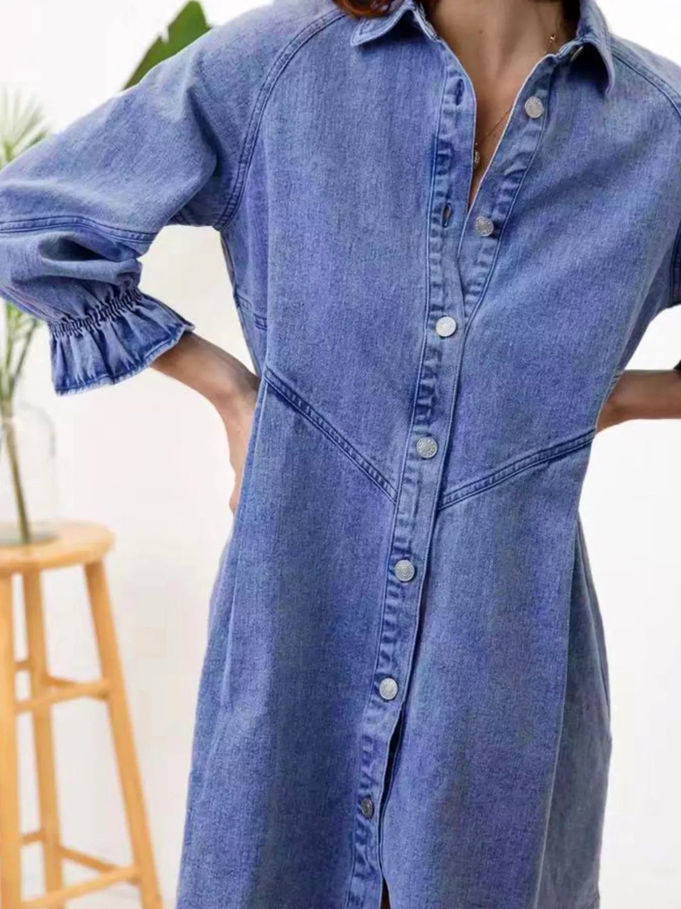 Ruffled Cuff Button-Down Denim Dress - Makw Official Site