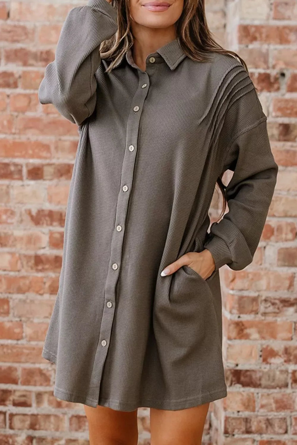 Waffle Knit Shirt Tunic Dress - Makw Official Site