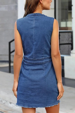 Full Size Button Up V-Neck Sleeveless Denim Dress - Makw Official Site