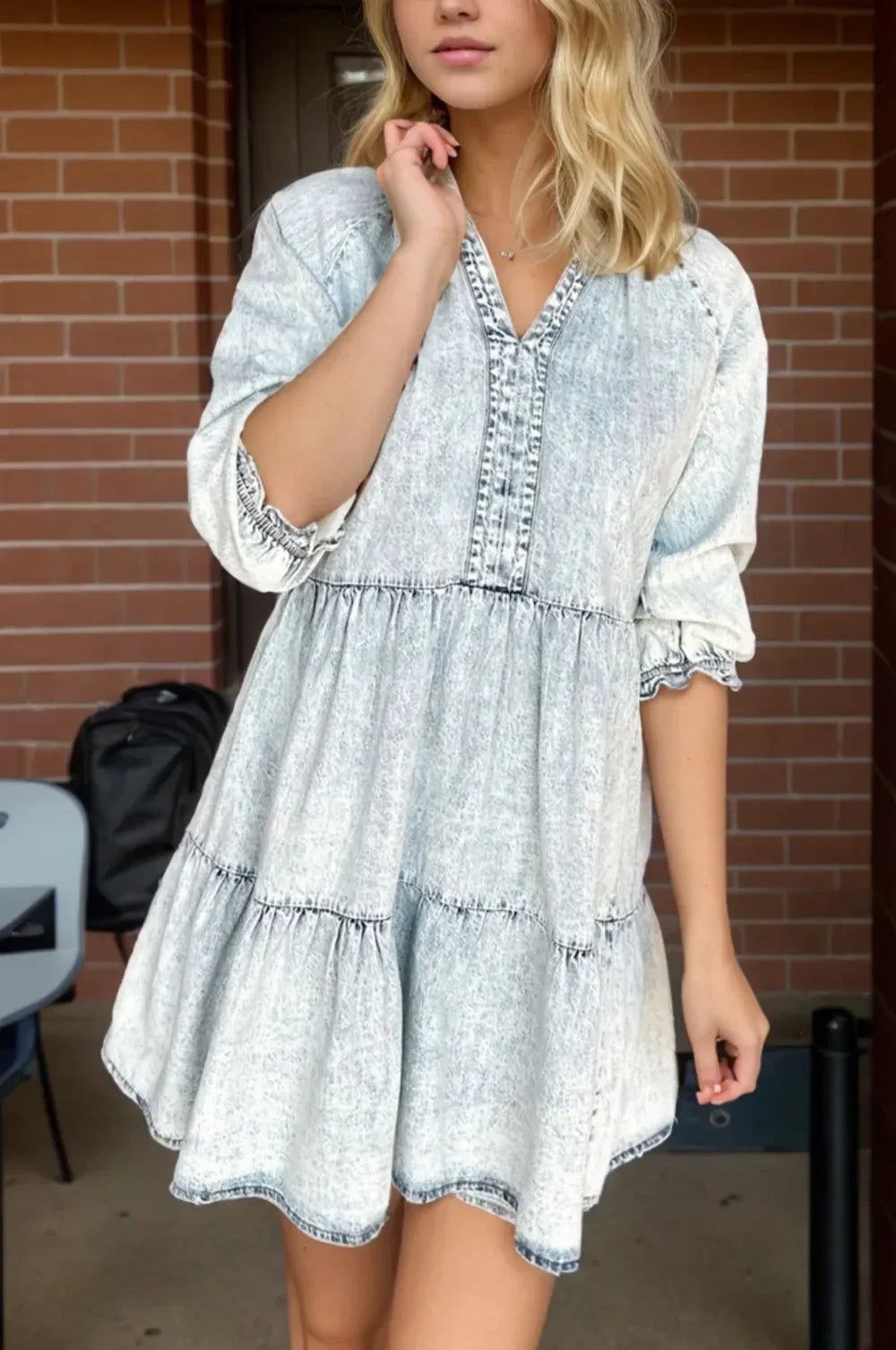 V-Neck Half Sleeve Mini Denim Dress - Makw Official Site