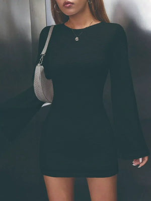 Backless Waffle Knit Flare Sleeve Mini Dress - Makw Official Site